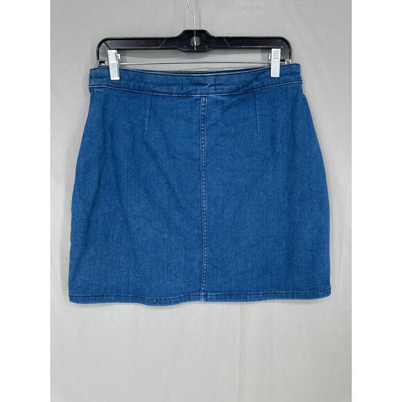Free People Skirt Womens 12 Blue Denim Mini Snap Front Wrap Stretch Capsule Boho - Picture 3 of 8